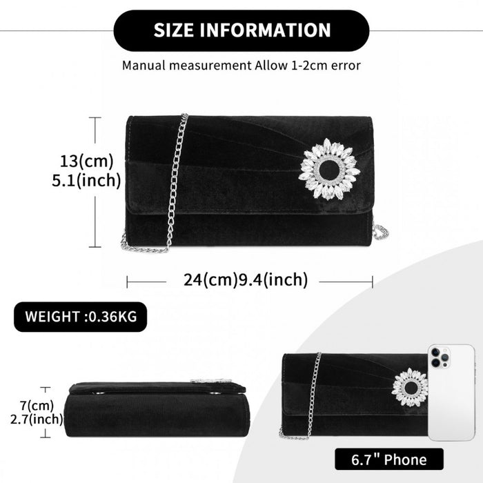 CLM2457 - Miss Lulu Elegant Velvet Evening Clutch with Crystal Ring & Detachable Chain Strap - Versatile Shoulder or Handheld Bag - Black