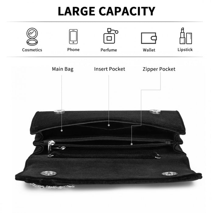 CLM2457 - Miss Lulu Elegant Velvet Evening Clutch with Crystal Ring & Detachable Chain Strap - Versatile Shoulder or Handheld Bag - Black