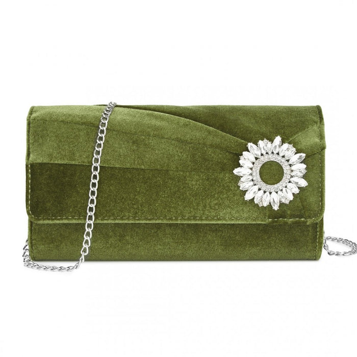 CLM2457 - Miss Lulu Elegant Velvet Evening Clutch with Crystal Ring & Detachable Chain Strap - Versatile Shoulder or Handheld Bag - Green