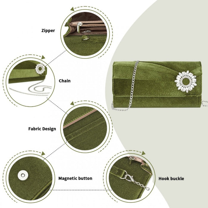 CLM2457 - Miss Lulu Elegant Velvet Evening Clutch with Crystal Ring & Detachable Chain Strap - Versatile Shoulder or Handheld Bag - Green