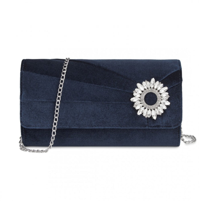CLM2457 - Miss Lulu Elegant Velvet Evening Clutch with Crystal Ring & Detachable Chain Strap - Versatile Shoulder or Handheld Bag - Navy