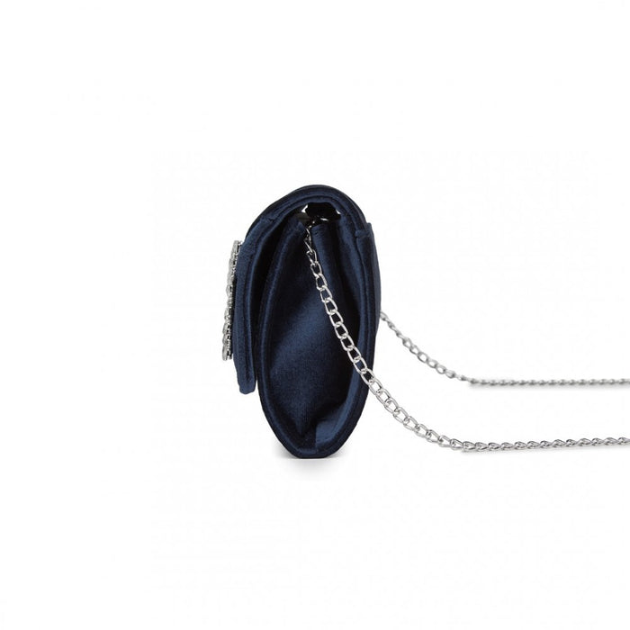 CLM2457 - Miss Lulu Elegant Velvet Evening Clutch with Crystal Ring & Detachable Chain Strap - Versatile Shoulder or Handheld Bag - Navy