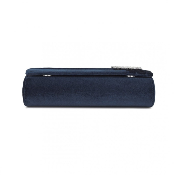 CLM2457 - Miss Lulu Elegant Velvet Evening Clutch with Crystal Ring & Detachable Chain Strap - Versatile Shoulder or Handheld Bag - Navy