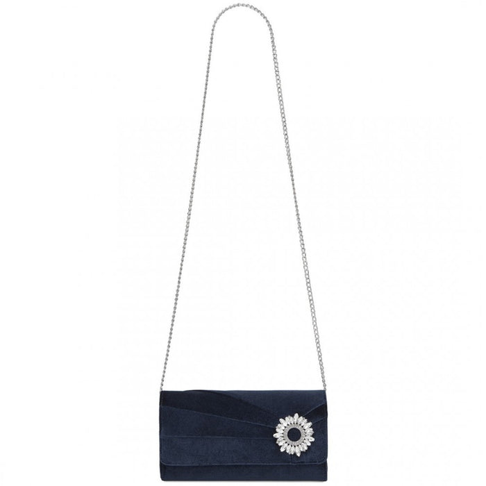 CLM2457 - Miss Lulu Elegant Velvet Evening Clutch with Crystal Ring & Detachable Chain Strap - Versatile Shoulder or Handheld Bag - Navy