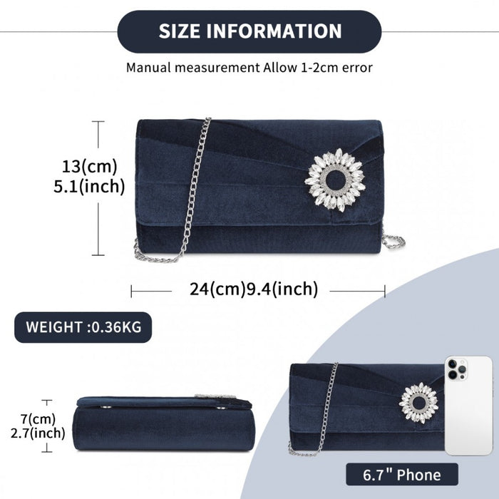 CLM2457 - Miss Lulu Elegant Velvet Evening Clutch with Crystal Ring & Detachable Chain Strap - Versatile Shoulder or Handheld Bag - Navy