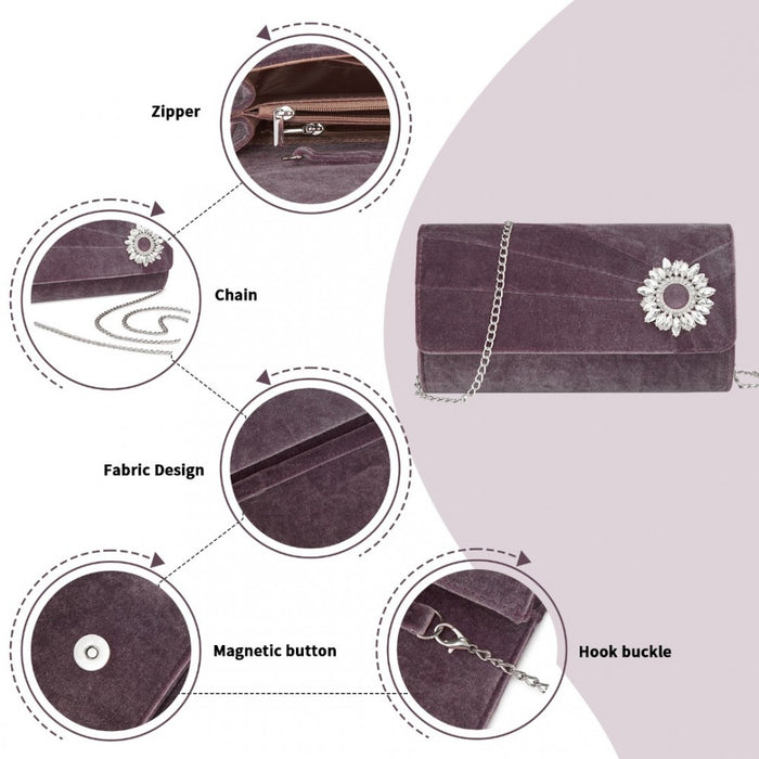 CLM2457 - Miss Lulu Elegant Velvet Evening Clutch with Crystal Ring & Detachable Chain Strap - Versatile Shoulder or Handheld Bag - Purple