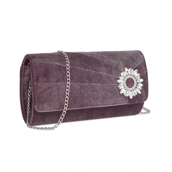 CLM2457 - Miss Lulu Elegant Velvet Evening Clutch with Crystal Ring & Detachable Chain Strap - Versatile Shoulder or Handheld Bag - Purple
