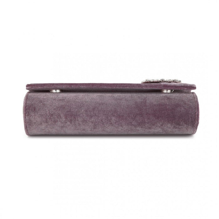 CLM2457 - Miss Lulu Elegant Velvet Evening Clutch with Crystal Ring & Detachable Chain Strap - Versatile Shoulder or Handheld Bag - Purple