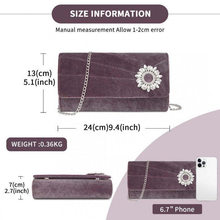 CLM2457 - Miss Lulu Elegant Velvet Evening Clutch with Crystal Ring & Detachable Chain Strap - Versatile Shoulder or Handheld Bag - Purple