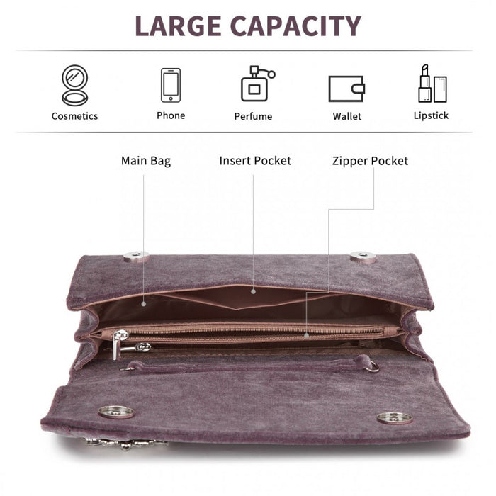 CLM2457 - Miss Lulu Elegant Velvet Evening Clutch with Crystal Ring & Detachable Chain Strap - Versatile Shoulder or Handheld Bag - Purple
