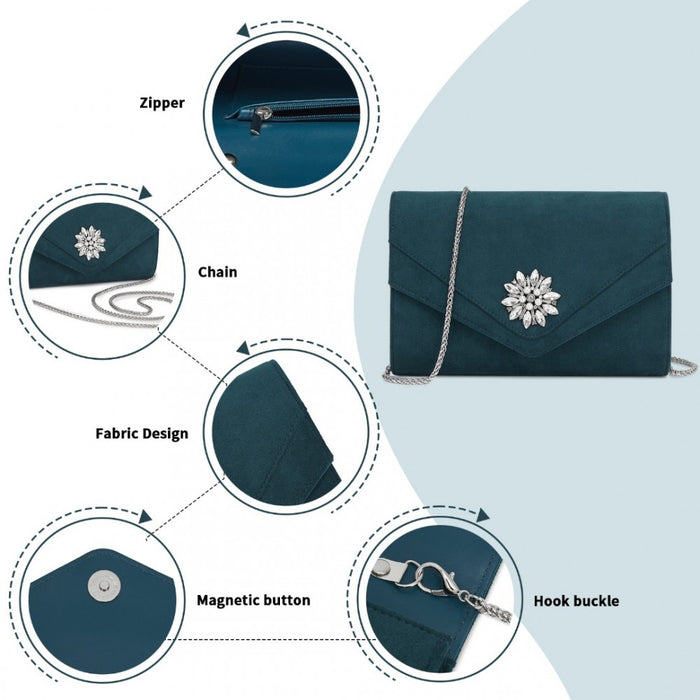 CLM2458 - Miss Lulu Elegant Faux Suede Evening Clutch with Crystal Flower & Detachable Chain Strap - Navy