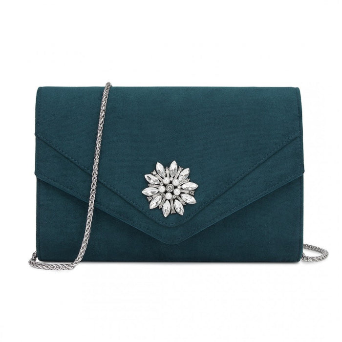 CLM2458 - Miss Lulu Elegant Faux Suede Evening Clutch with Crystal Flower & Detachable Chain Strap - Navy