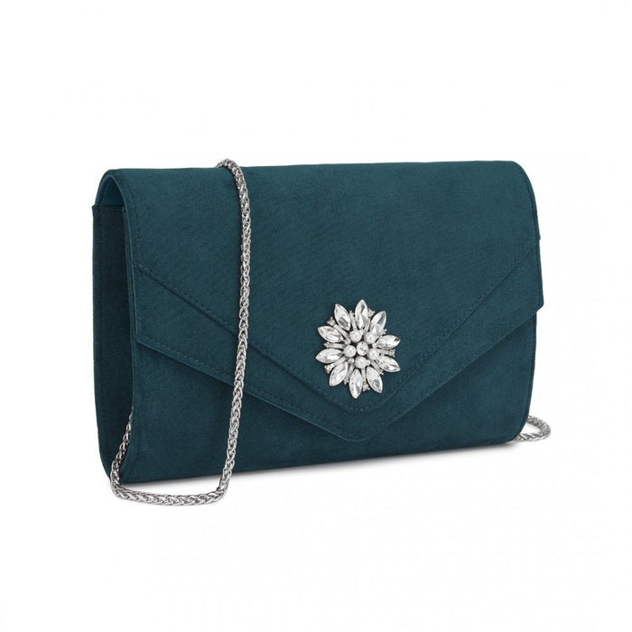 CLM2458 - Miss Lulu Elegant Faux Suede Evening Clutch with Crystal Flower & Detachable Chain Strap - Navy