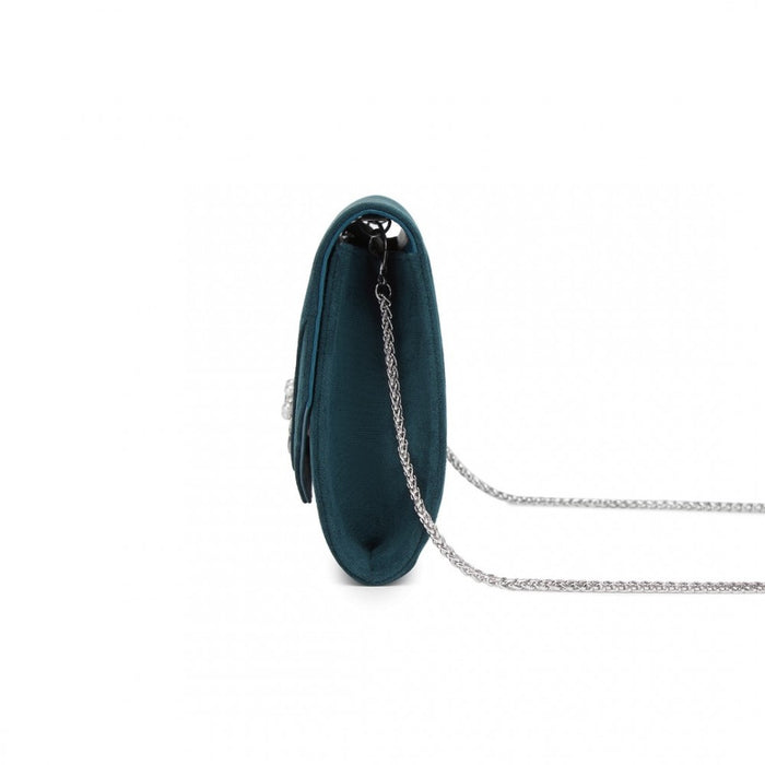 CLM2458 - Miss Lulu Elegant Faux Suede Evening Clutch with Crystal Flower & Detachable Chain Strap - Navy