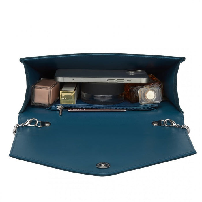 CLM2458 - Miss Lulu Elegant Faux Suede Evening Clutch with Crystal Flower & Detachable Chain Strap - Navy