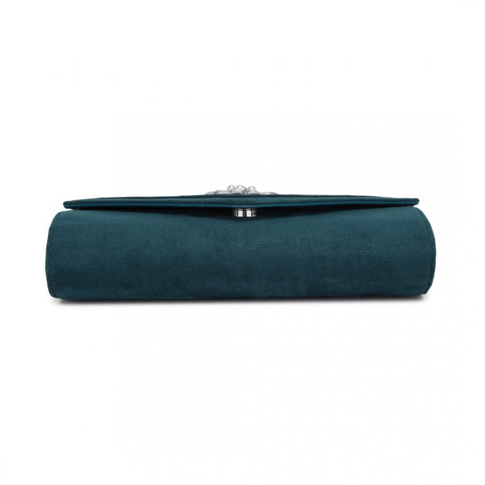 CLM2458 - Miss Lulu Elegant Faux Suede Evening Clutch with Crystal Flower & Detachable Chain Strap - Navy