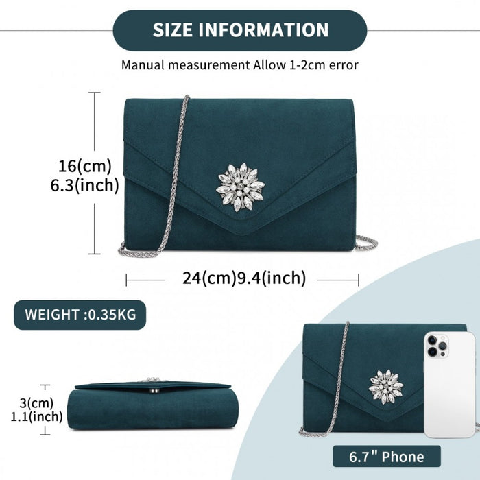 CLM2458 - Miss Lulu Elegant Faux Suede Evening Clutch with Crystal Flower & Detachable Chain Strap - Navy
