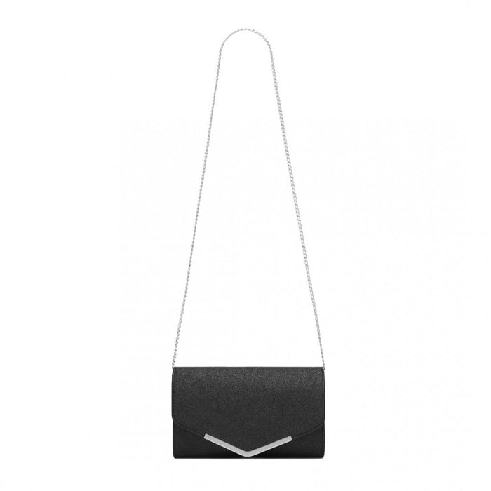 CLM2459 - Miss Lulu Women's Glitter Envelope Clutch with V-Metal Trim & Detachable Chain Strap - Black