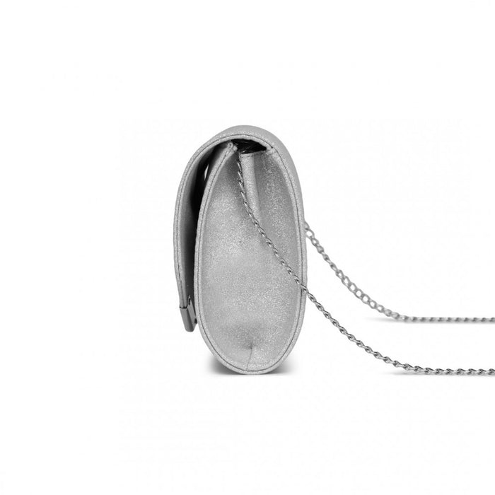 CLM2459 - Miss Lulu Women's Glitter Envelope Clutch with V-Metal Trim & Detachable Chain Strap - Silver