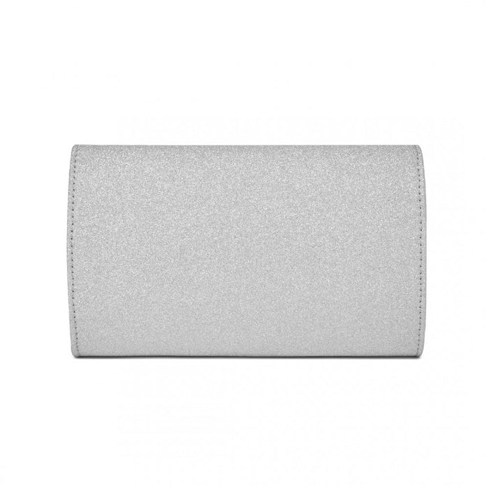 CLM2459 - Miss Lulu Women's Glitter Envelope Clutch with V-Metal Trim & Detachable Chain Strap - Silver