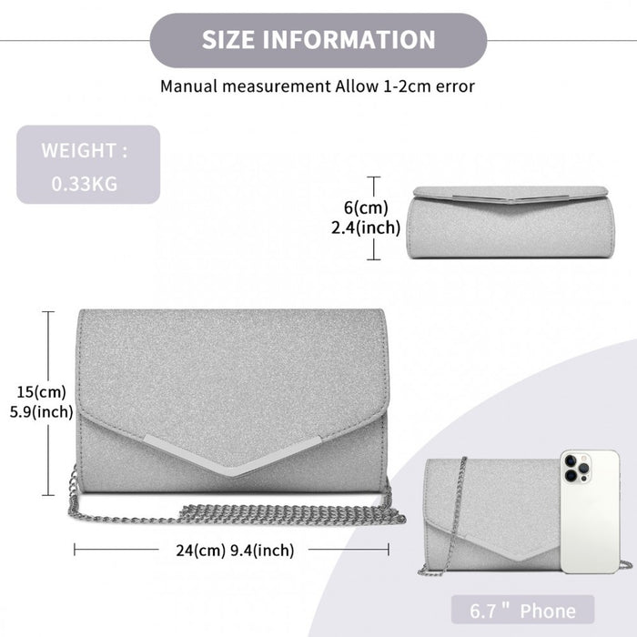 CLM2459 - Miss Lulu Women's Glitter Envelope Clutch with V-Metal Trim & Detachable Chain Strap - Silver