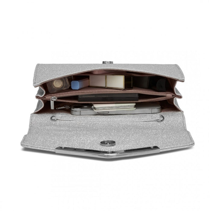 CLM2459 - Miss Lulu Women's Glitter Envelope Clutch with V-Metal Trim & Detachable Chain Strap - Silver