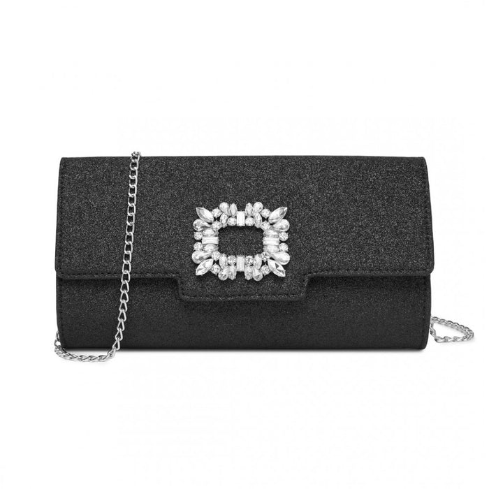 CLM2461 - Miss Lulu Glitter Evening Clutch with Crystal Embellishment & Detachable Chain Strap - Elegant Crossbody or Handheld Bag - Black