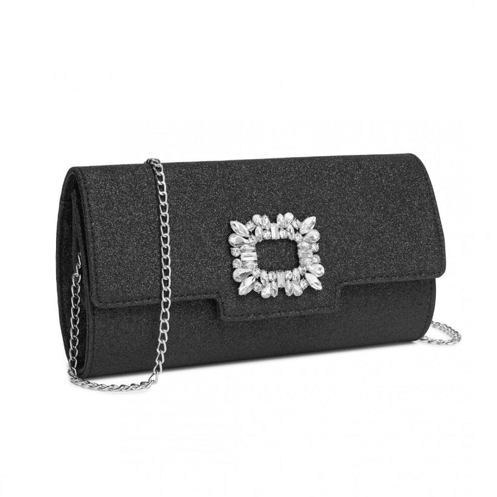 CLM2461 - Miss Lulu Glitter Evening Clutch with Crystal Embellishment & Detachable Chain Strap - Elegant Crossbody or Handheld Bag - Black