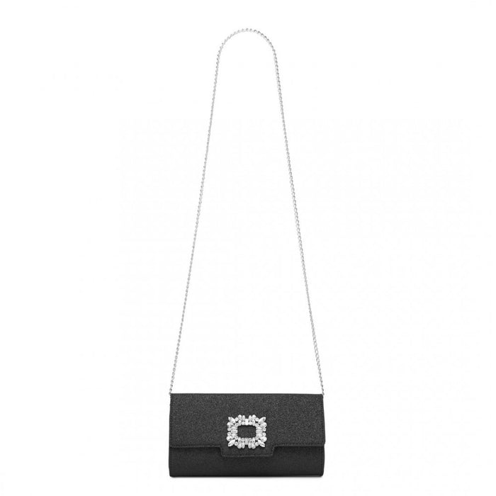 CLM2461 - Miss Lulu Glitter Evening Clutch with Crystal Embellishment & Detachable Chain Strap - Elegant Crossbody or Handheld Bag - Black
