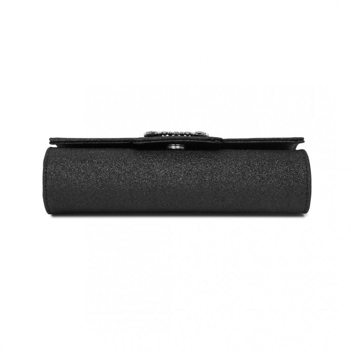 CLM2461 - Miss Lulu Glitter Evening Clutch with Crystal Embellishment & Detachable Chain Strap - Elegant Crossbody or Handheld Bag - Black