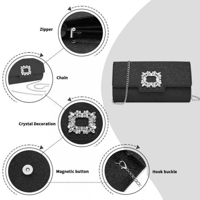 CLM2461 - Miss Lulu Glitter Evening Clutch with Crystal Embellishment & Detachable Chain Strap - Elegant Crossbody or Handheld Bag - Black