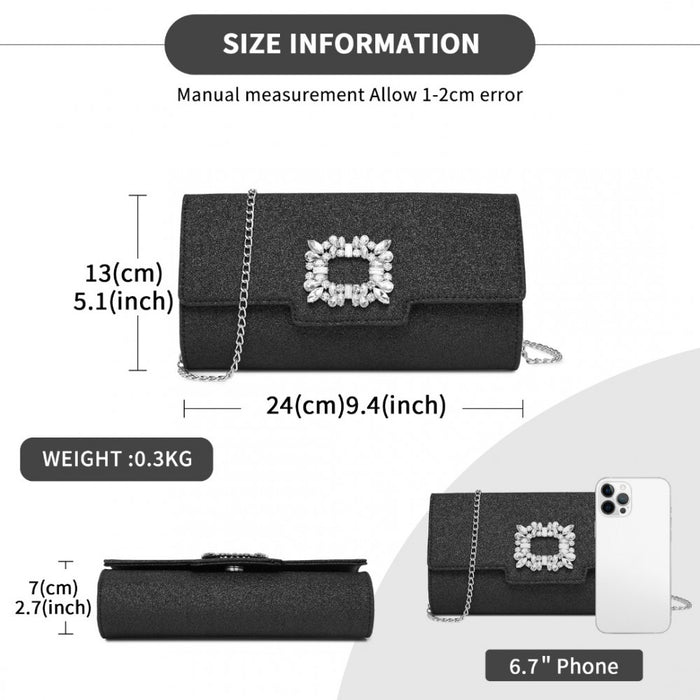 CLM2461 - Miss Lulu Glitter Evening Clutch with Crystal Embellishment & Detachable Chain Strap - Elegant Crossbody or Handheld Bag - Black
