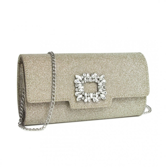 CLM2461 - Miss Lulu Glitter Evening Clutch with Crystal Embellishment & Detachable Chain Strap - Elegant Crossbody or Handheld Bag - Gold