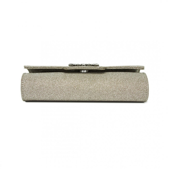 CLM2461 - Miss Lulu Glitter Evening Clutch with Crystal Embellishment & Detachable Chain Strap - Elegant Crossbody or Handheld Bag - Gold