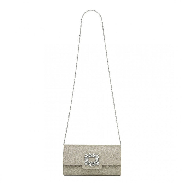 CLM2461 - Miss Lulu Glitter Evening Clutch with Crystal Embellishment & Detachable Chain Strap - Elegant Crossbody or Handheld Bag - Gold