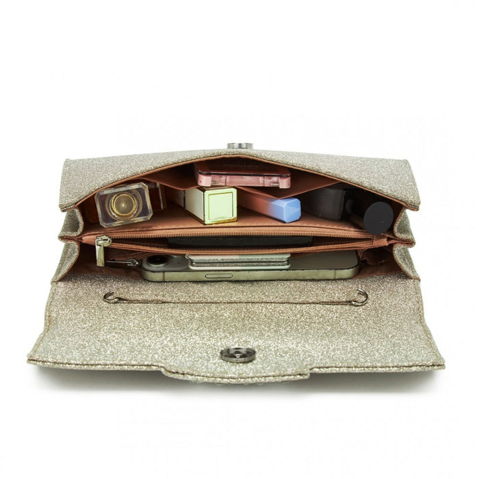 CLM2461 - Miss Lulu Glitter Evening Clutch with Crystal Embellishment & Detachable Chain Strap - Elegant Crossbody or Handheld Bag - Gold