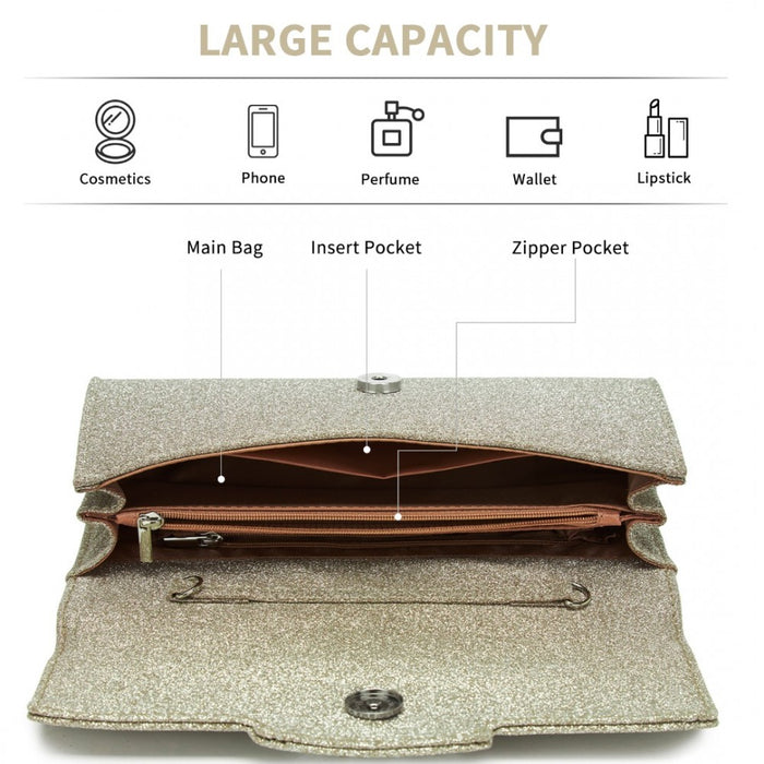 CLM2461 - Miss Lulu Glitter Evening Clutch with Crystal Embellishment & Detachable Chain Strap - Elegant Crossbody or Handheld Bag - Gold