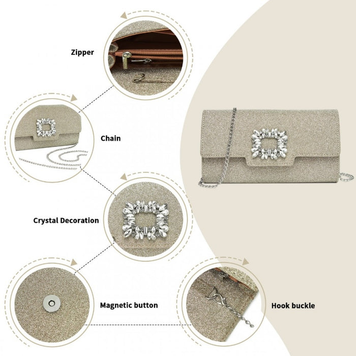CLM2461 - Miss Lulu Glitter Evening Clutch with Crystal Embellishment & Detachable Chain Strap - Elegant Crossbody or Handheld Bag - Gold