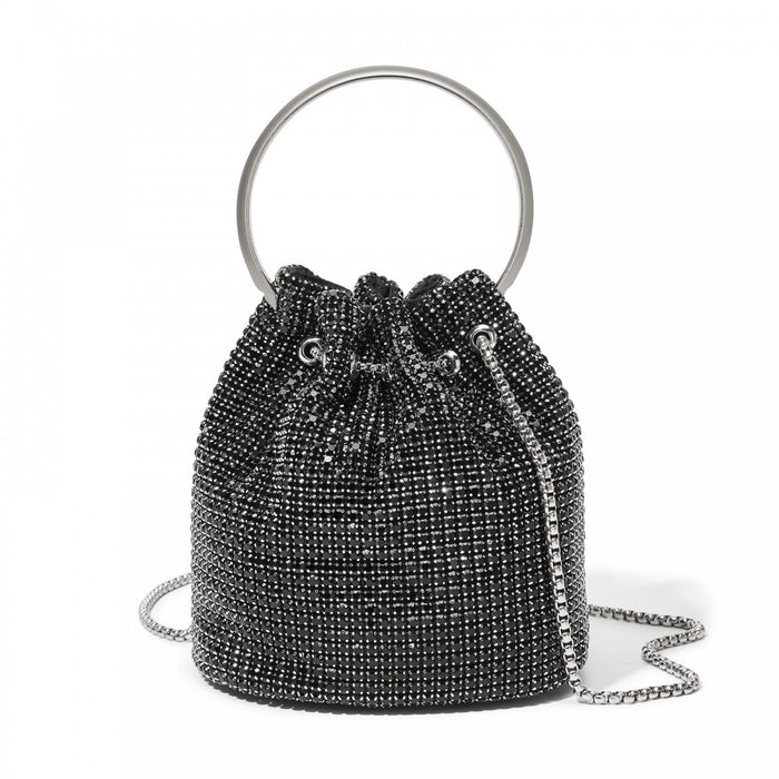 CLS2510 - Women's Rhinestone Evening Bag – Sparkly Handbag with Metal Ring Handle and Chain Crossbody Strap - Black