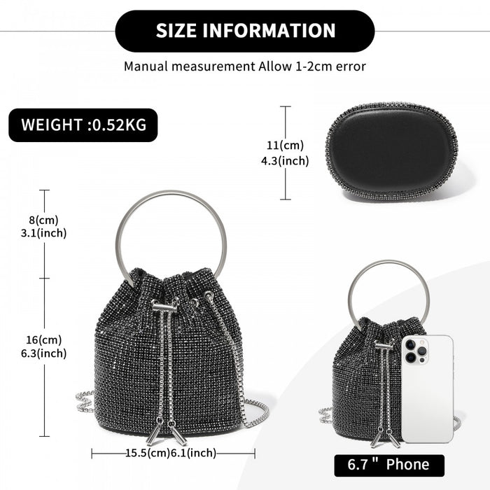 CLS2510 - Women's Rhinestone Evening Bag – Sparkly Handbag with Metal Ring Handle and Chain Crossbody Strap - Black