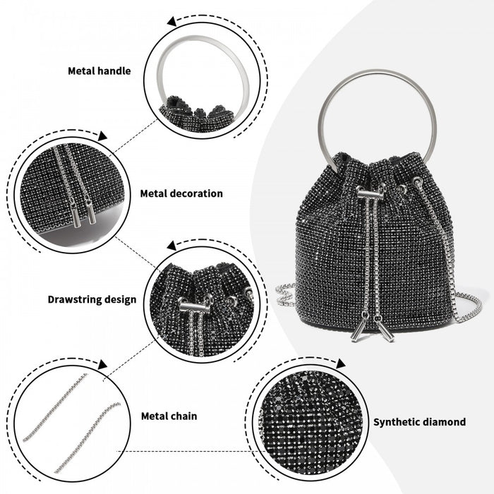 CLS2510 - Women's Rhinestone Evening Bag – Sparkly Handbag with Metal Ring Handle and Chain Crossbody Strap - Black