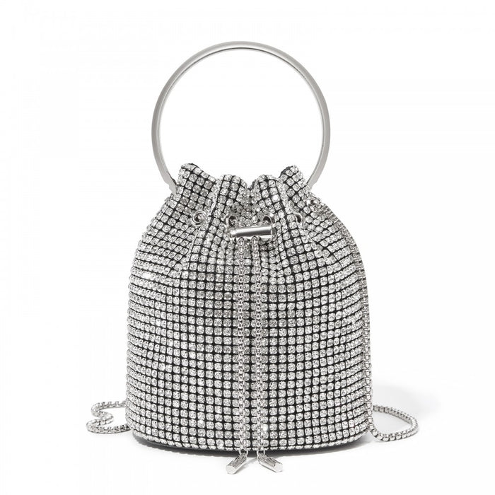CLS2510 - Women's Rhinestone Evening Bag – Sparkly Handbag with Metal Ring Handle and Chain Crossbody Strap - Silver