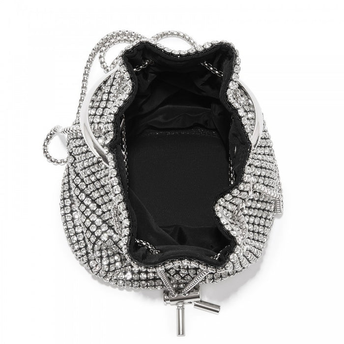 CLS2510 - Women's Rhinestone Evening Bag – Sparkly Handbag with Metal Ring Handle and Chain Crossbody Strap - Silver