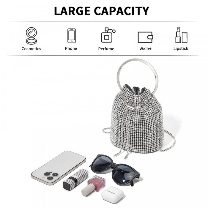 CLS2510 - Women's Rhinestone Evening Bag – Sparkly Handbag with Metal Ring Handle and Chain Crossbody Strap - Silver