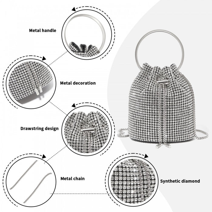CLS2510 - Women's Rhinestone Evening Bag – Sparkly Handbag with Metal Ring Handle and Chain Crossbody Strap - Silver