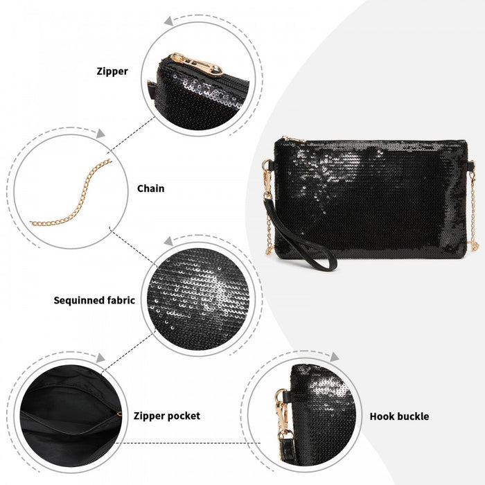 CLS2512 - Glam Sparkle Sequin Evening Clutch-Sleek, Shimmering Wristlet & Crossbody - Black