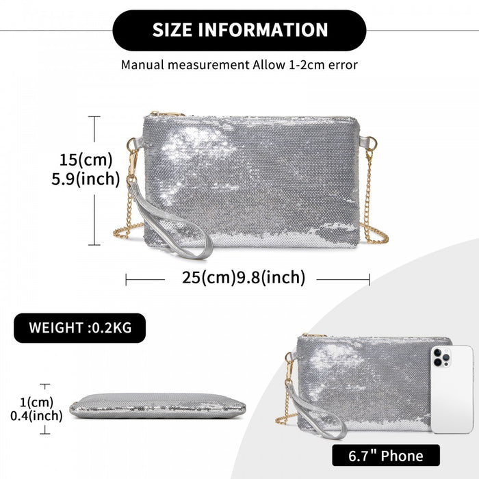 CLS2512 - Glam Sparkle Sequin Evening Clutch-Sleek, Shimmering Wristlet & Crossbody - Silver