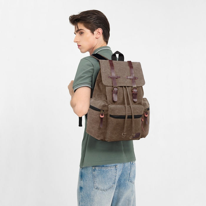 E1672 - Kono Large Multi Function Leather Details Canvas Backpack - Coffee