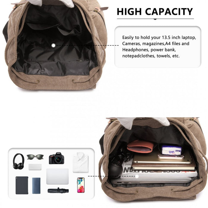 E1672 - Kono Large Multi Function Leather Details Canvas Backpack - Coffee