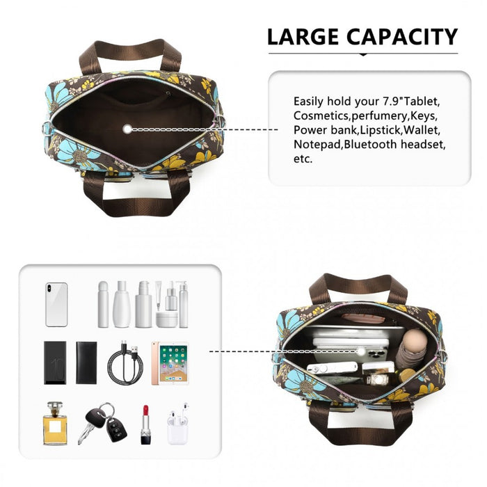 EB2351F - Kono Sleek Multi-Pocket Water-Resistant Crossbody Tote Bag With Flower Print - Brown